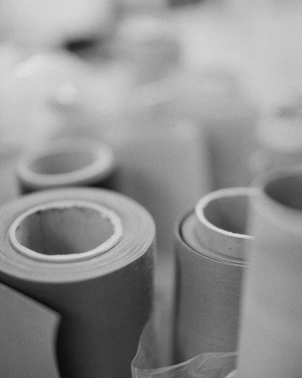 Close-up of several rolled sheets of photographic film in black and white.