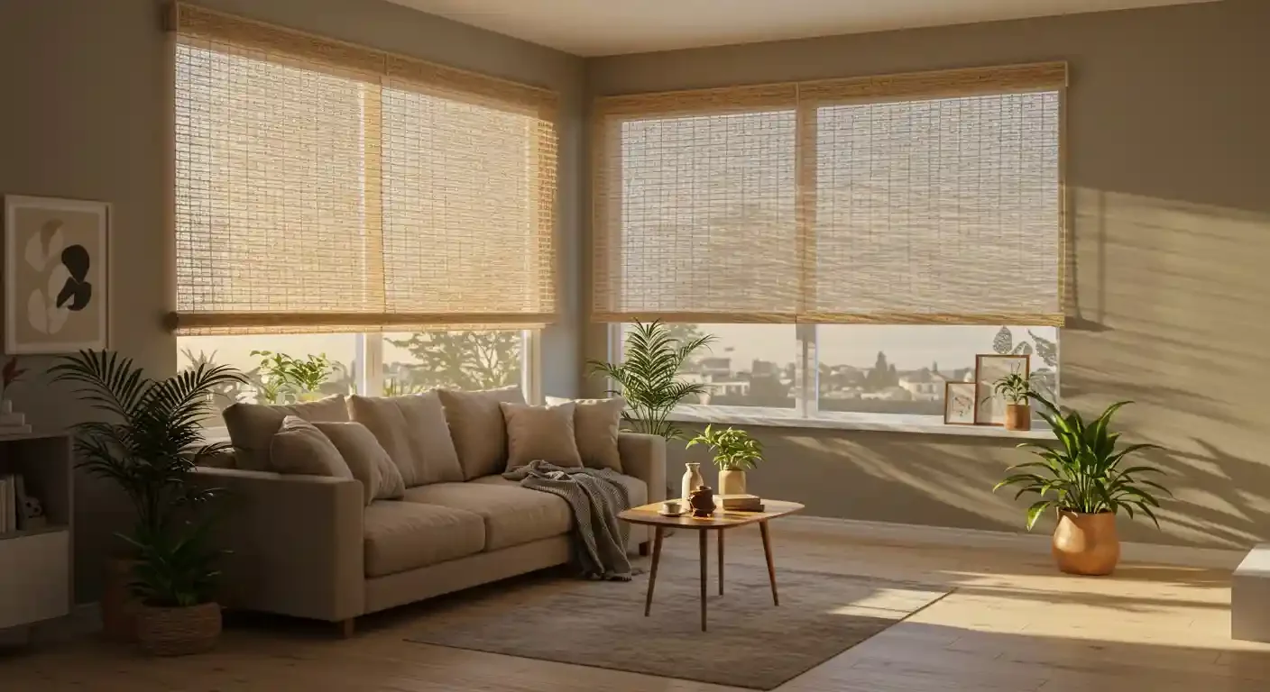 Tan light filtering woven wood shades in a living room