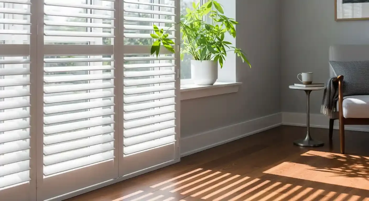 A sunlit room with white plantation shutters on the window, a green potted plant on the windowsill, a small side table with a coffee mug and a book, a chair with a blanket draped over it, and sunlight casting striped shadows on the wooden floor.