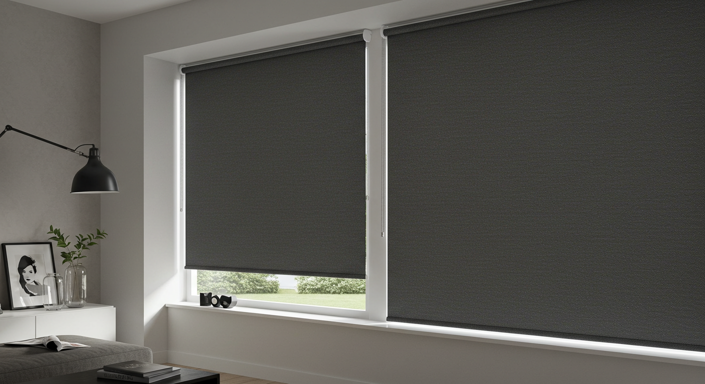 Modern living room with dark gray roller blinds, a black desk lamp, minimalist decor, and artwork.
