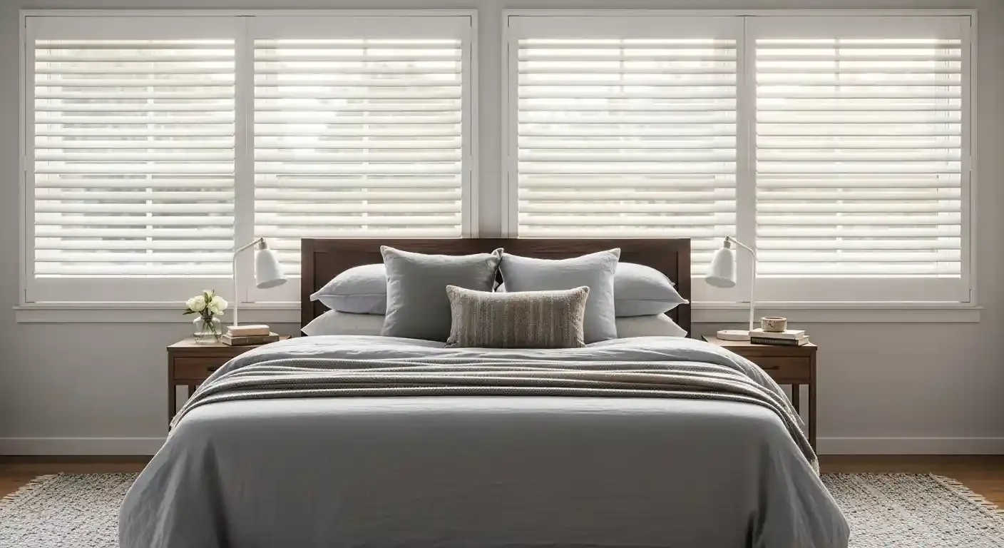 A bedroom with a neatly made bed, gray and white bedding, and three pillows. There are two wooden nightstands with white lamps, a flower vase, and books. Large white shutters cover the windows behind the bed.
