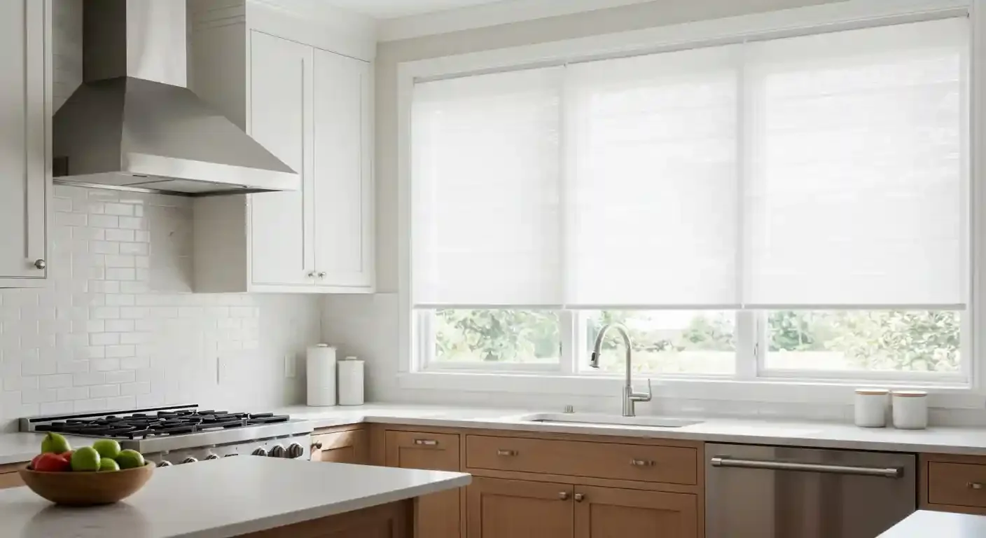 White woven wood shades in a kitchen