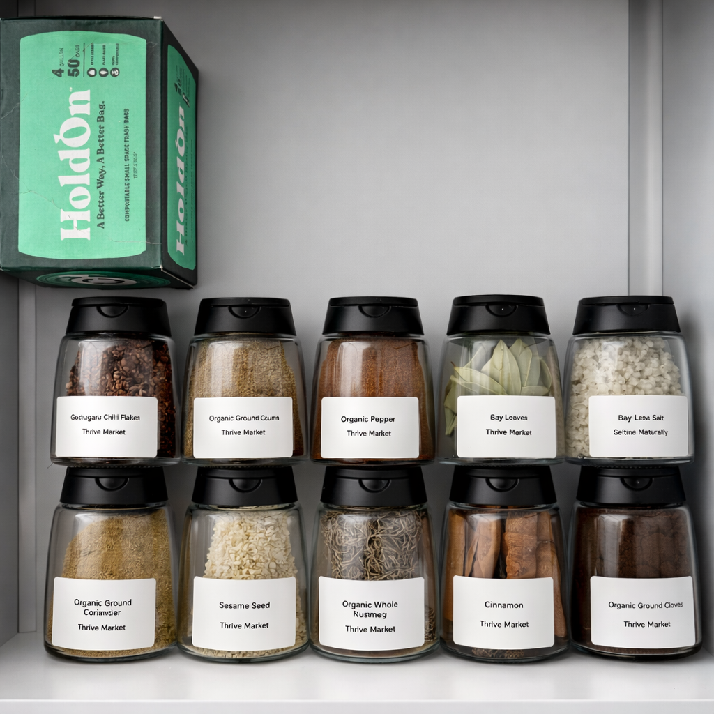 Glass jars containing various spices and herbs.