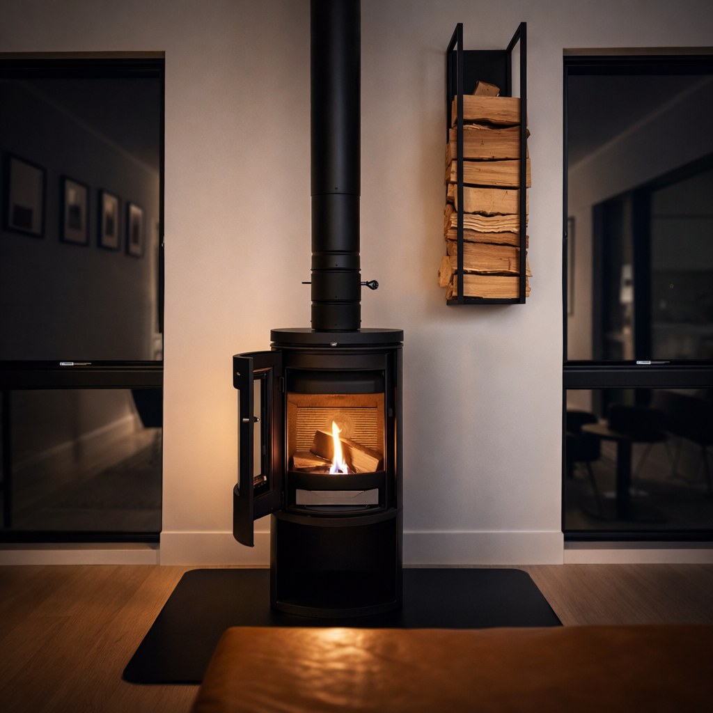 Morso wood stove with a fire inside, situated between two large windows, with a wall-mounted wood holder filled with neatly stacked firewood above it.