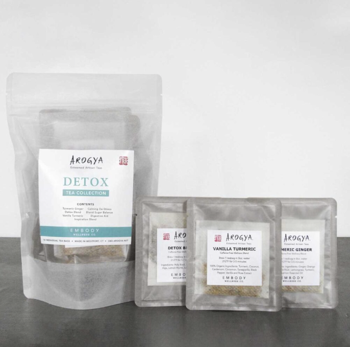 Three packages of tea from Arogyá's Detox Tea Collection, including Detox Bio, Vanilla Turmeric, and Meric Ginger.