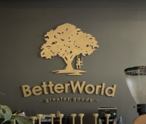 BetterWorld logo with a tree and swing on a wall, and the words 'BetterWorld greater goods' underneath.