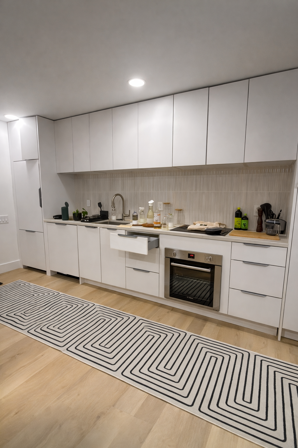 Modern white kitchen with upper and lower cabinets, built-in oven, sink, and countertop with various bottles, jars, and kitchen utensils. 