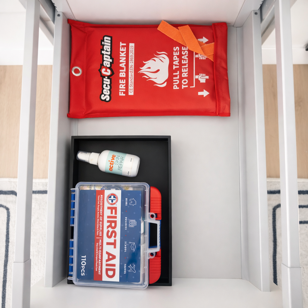 A fire safety kit containing a red fire blanket, a bottle of skin repair spray, and a first aid kit with emergency supplies on a black tray.