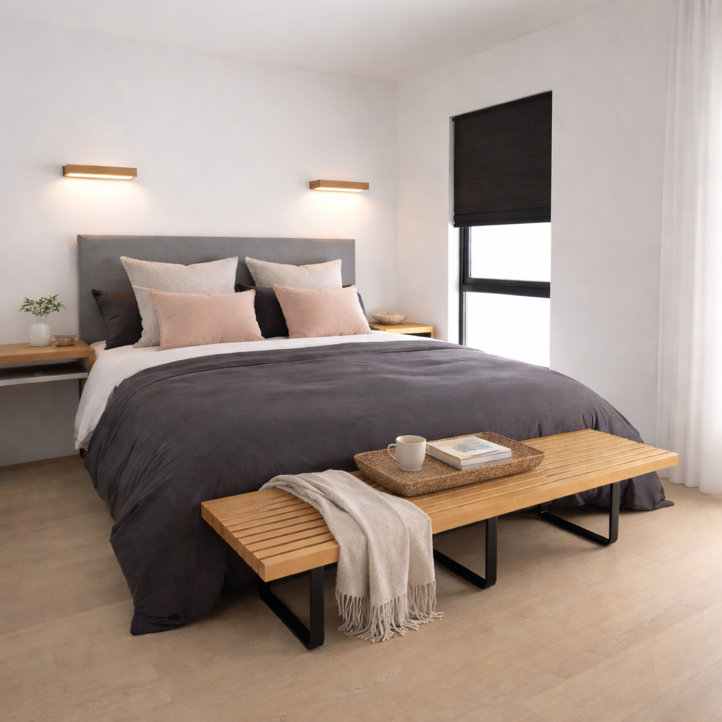 Modern bedroom with gray bed, multiple pillows, wooden benches, black window, and minimal decor.