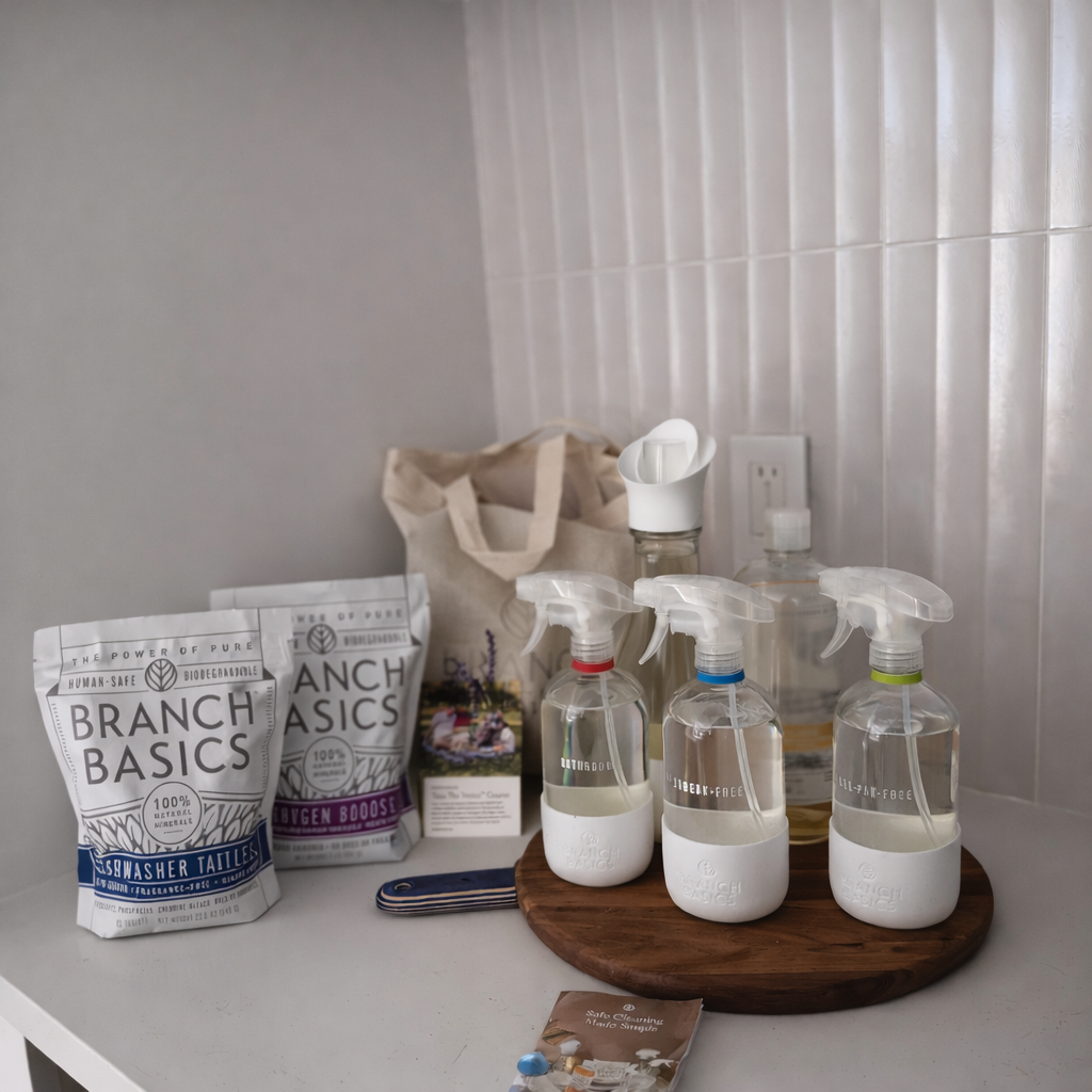 Cleaning supplies on a white surface, including spray bottles, a bag of Branch Basics cleaning tablets.