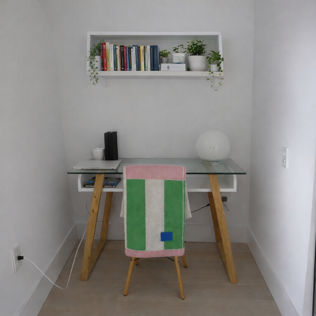 A small modern workspace with a glass-top desk, a colorful towel hanging on the chair, a white bookshelf with books and plants above the desk, and a white spherical lamp on the desk. The room has light-colored wood flooring and white walls.