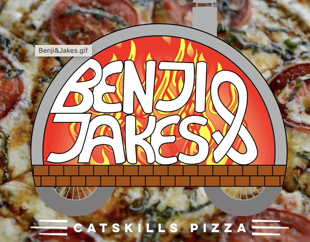 Graphic of a pizza oven with the text "Benji & Jakes" in the flames, and below, "Catskills Pizza" with a slice of pizza logo.
