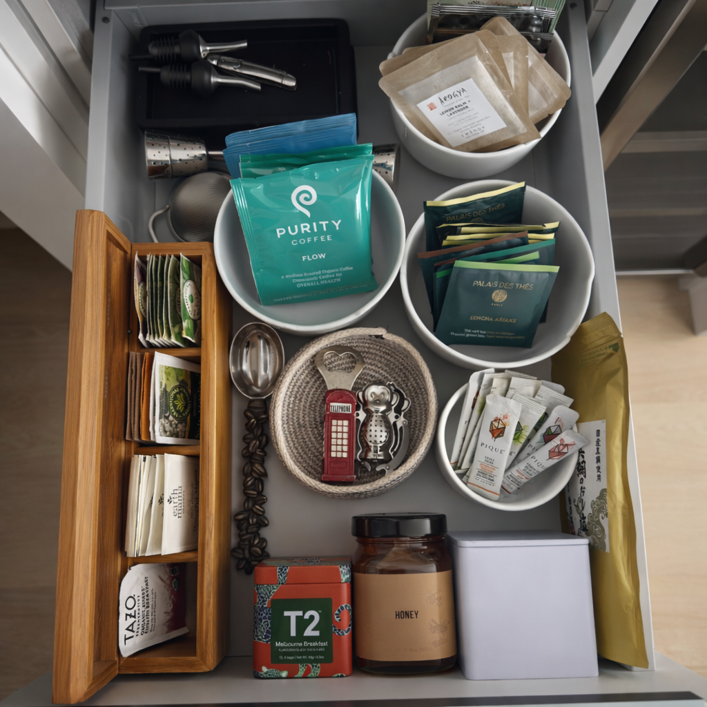 Tray with various tea bags, coffee, honey, and kitchen utensils used for beverage preparation.