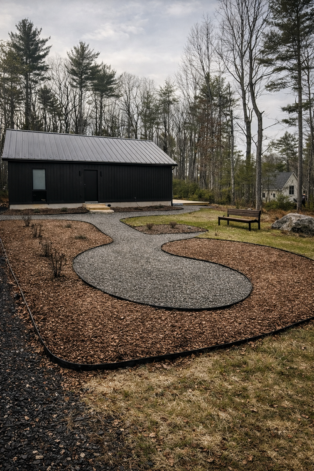 Landscape with a black metal building, winding gravel pathway, a bench, and trees in the background.