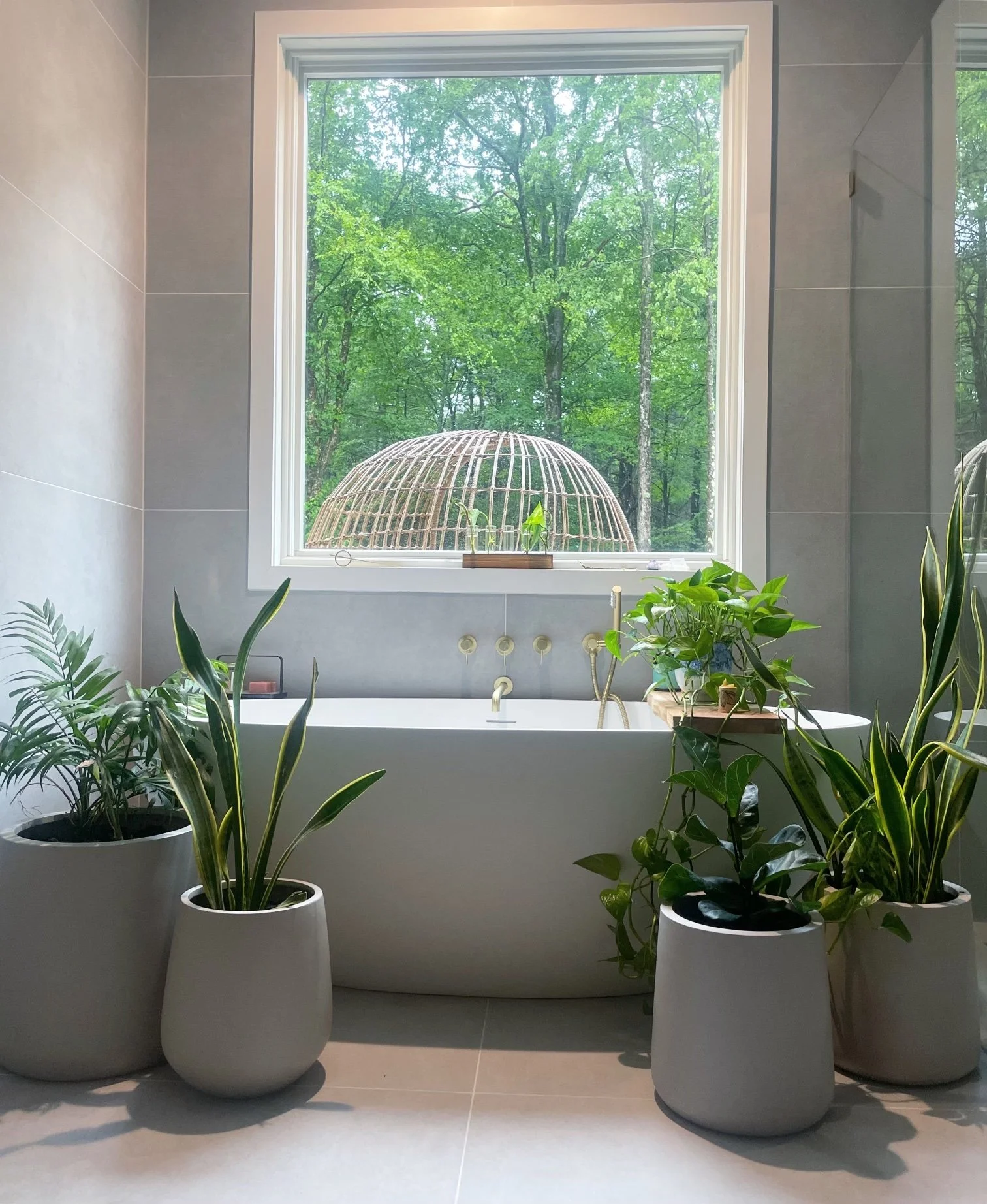Modern bathroom with a white bathtub, large window showing green trees outside, and potted plants around the tub.