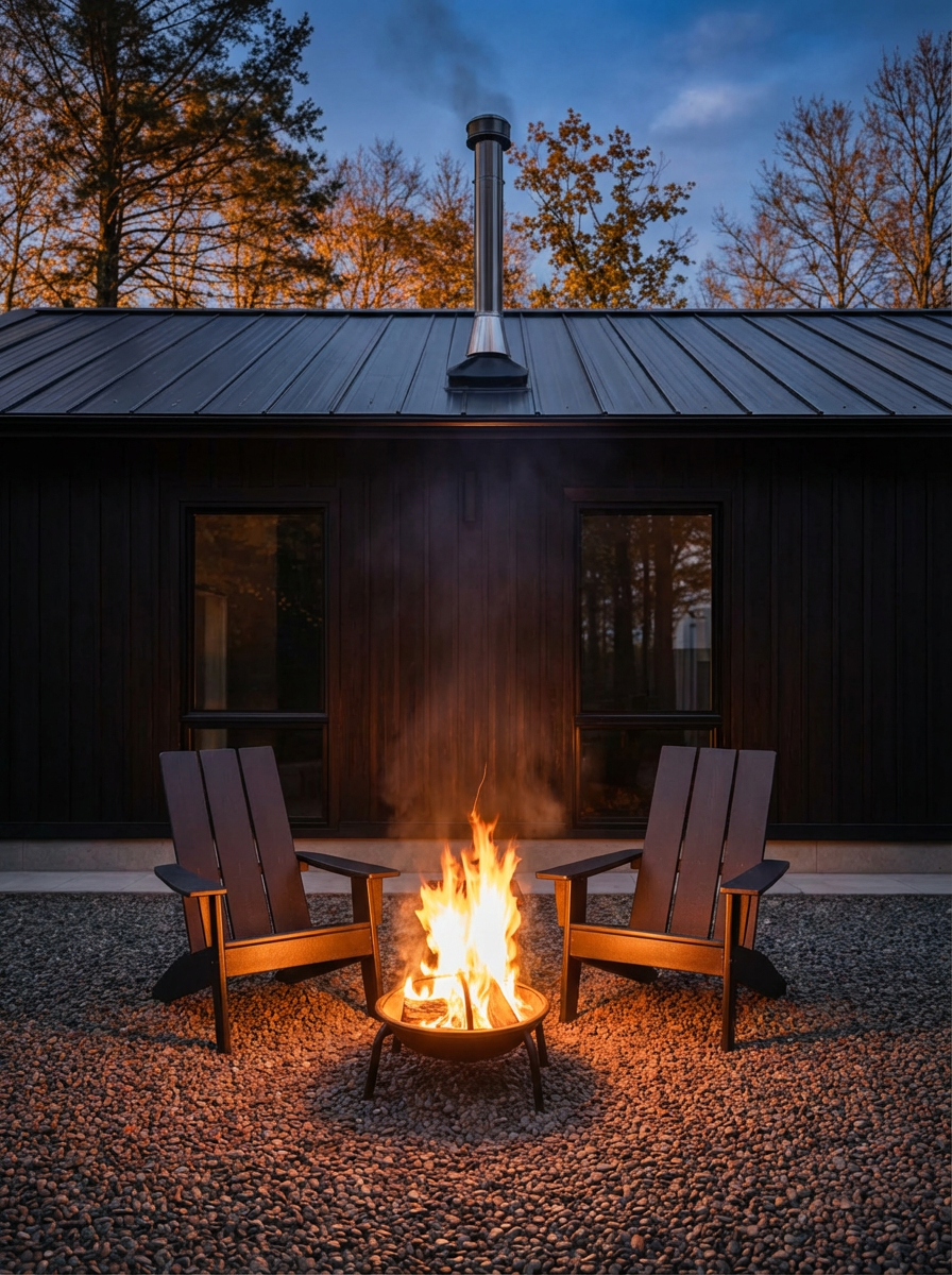 Two wooden Adirondack chairs with a gorgeous open fire pit !