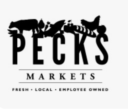 Logo for Pecks Markets featuring silhouettes of farm animals above the text.