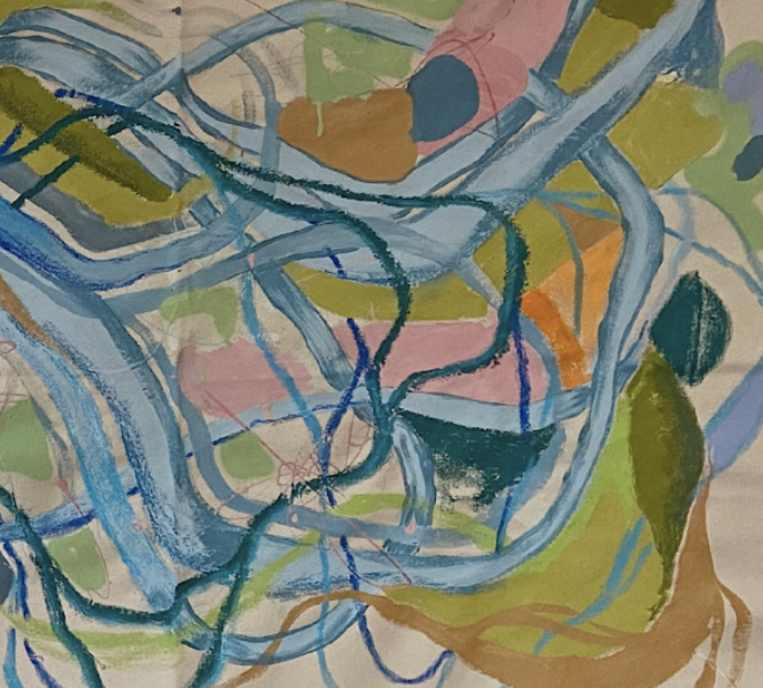 Abstract watercolor painting with blue, green, pink, orange, and brown brushstrokes and lines.