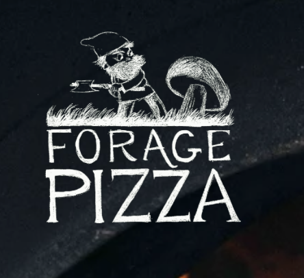 Chalkboard sign with a cartoon squirrel wearing a cap, standing next to a mushroom, and the text 'Forage Pizza'.