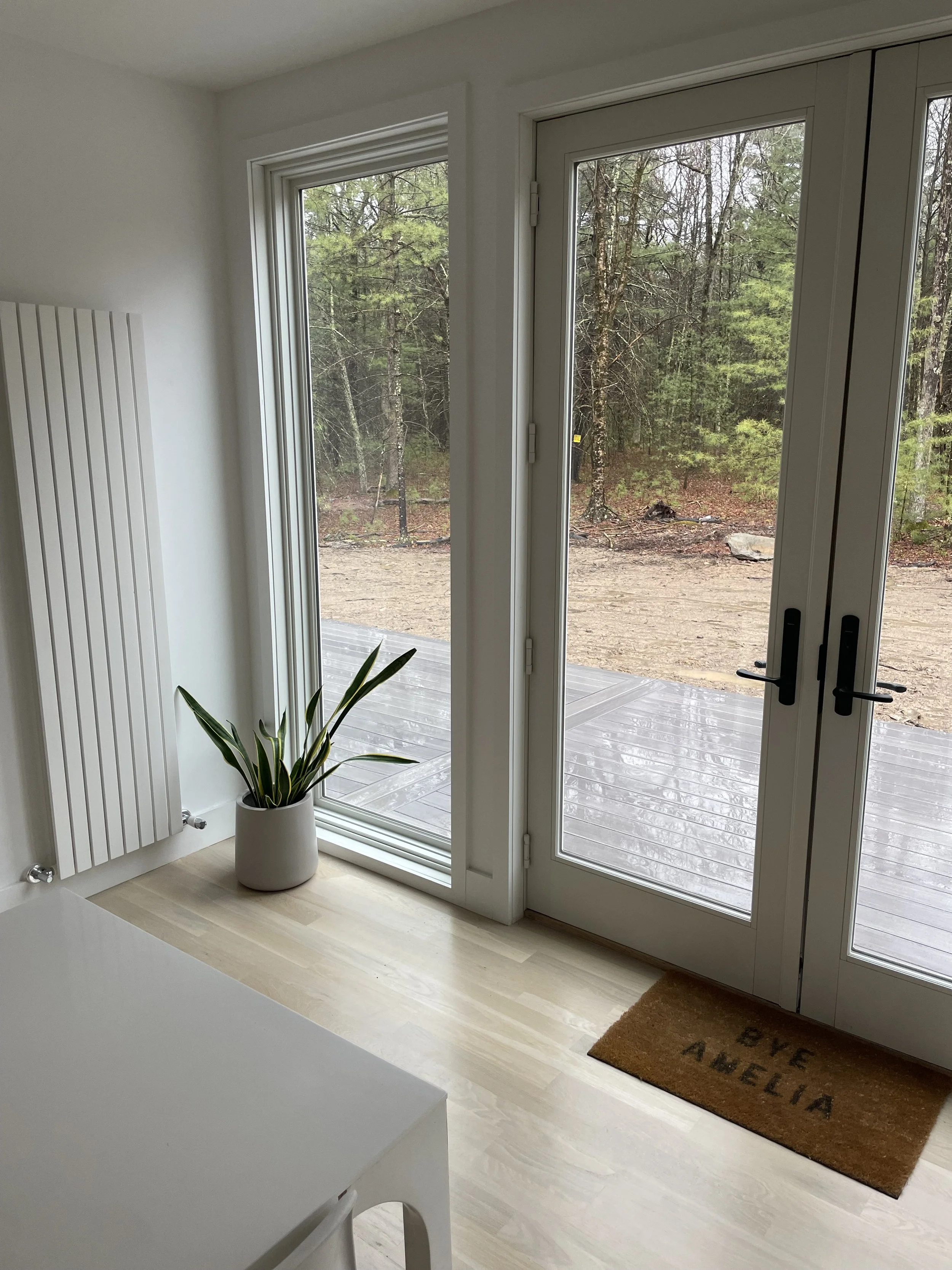 Interior of a room with large glass doors and windows facing a wooded outdoor area, a potted plant on the floor near the window, and a doormat that says 'LOVE AMELIA' in front of the door.