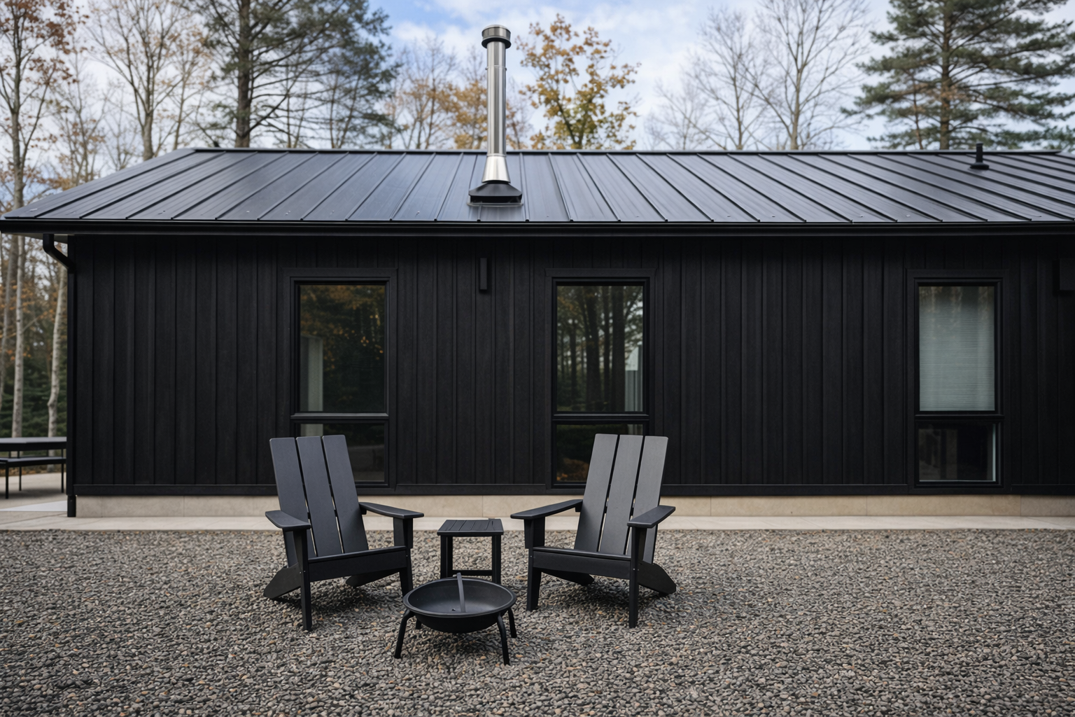 Black house with metal roof, three windows, and outdoor seating with two black Adirondack chairs and a fire pit on a gravel surface, trees in the background