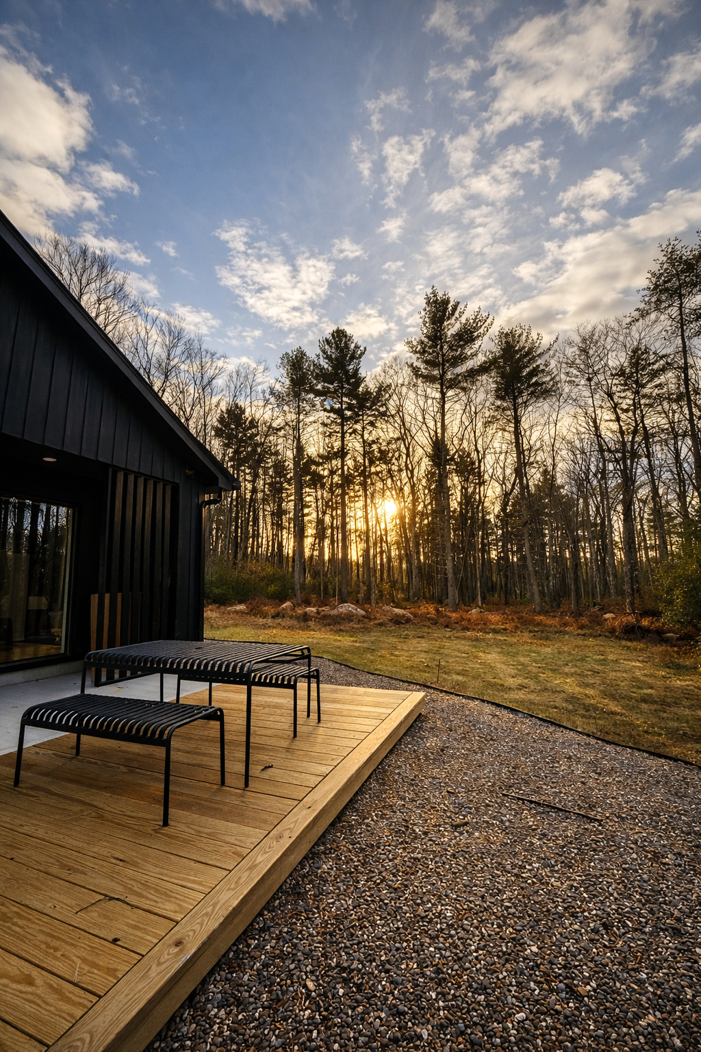 A wooden deck with black outdoor furniture in front of a black house. The sun is setting behind a forest of mostly bare trees, casting a warm glow and clouds in the sky.