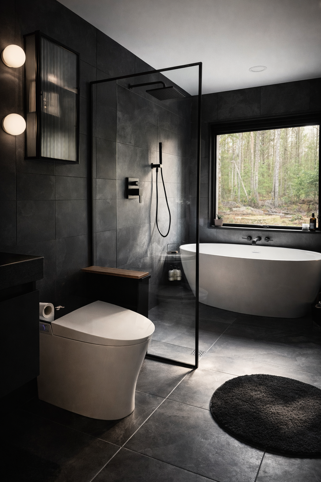 Modern bathroom with black tiled walls, a freestanding bathtub by a window overlooking a forest, and a walk-in shower with a rain showerhead, black fixtures, and minimal accessories.