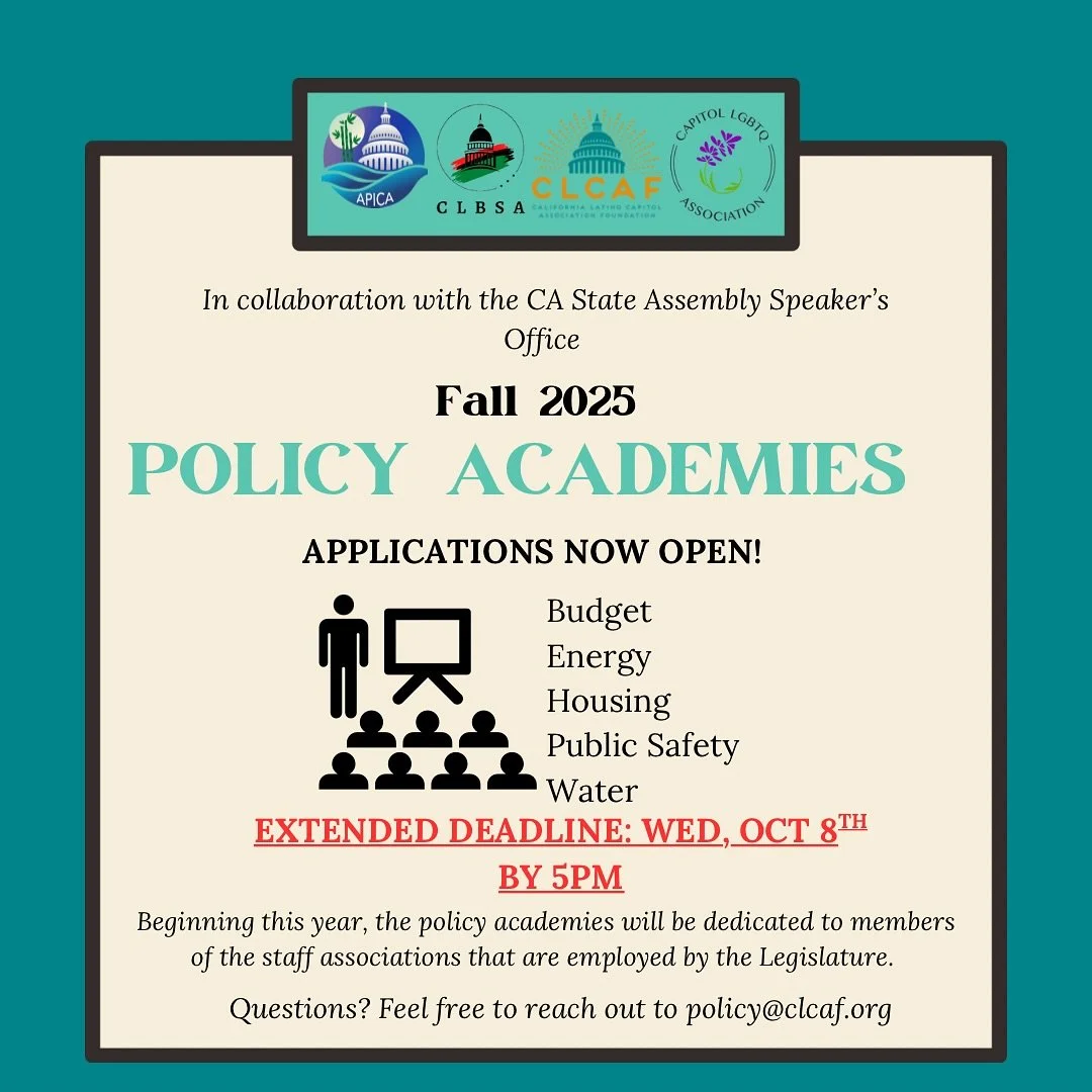🚨 APP DEADLINE EXTENDED TO THIS WEDNESDAY 🚨 
In partnership with the Diversity Capitol Staff Associations (@apicasac, @clbsa,@clcaf.sac,
@cap|gbtqassoc) and the Assembly Speaker&rsquo;s (@caspeakerrivas) Office, this professional development progra
