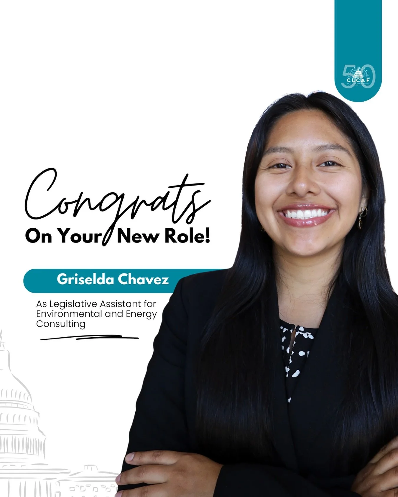 🎉Join us in congratulating Griselda Chavez for her new role as Legislative Assistant for Environmental and Energy Consulting. Griselda was selected as a fellow for our annual CLCAF Summer Fellowship in 2025 and was placed with @mesaverdegrp . Please