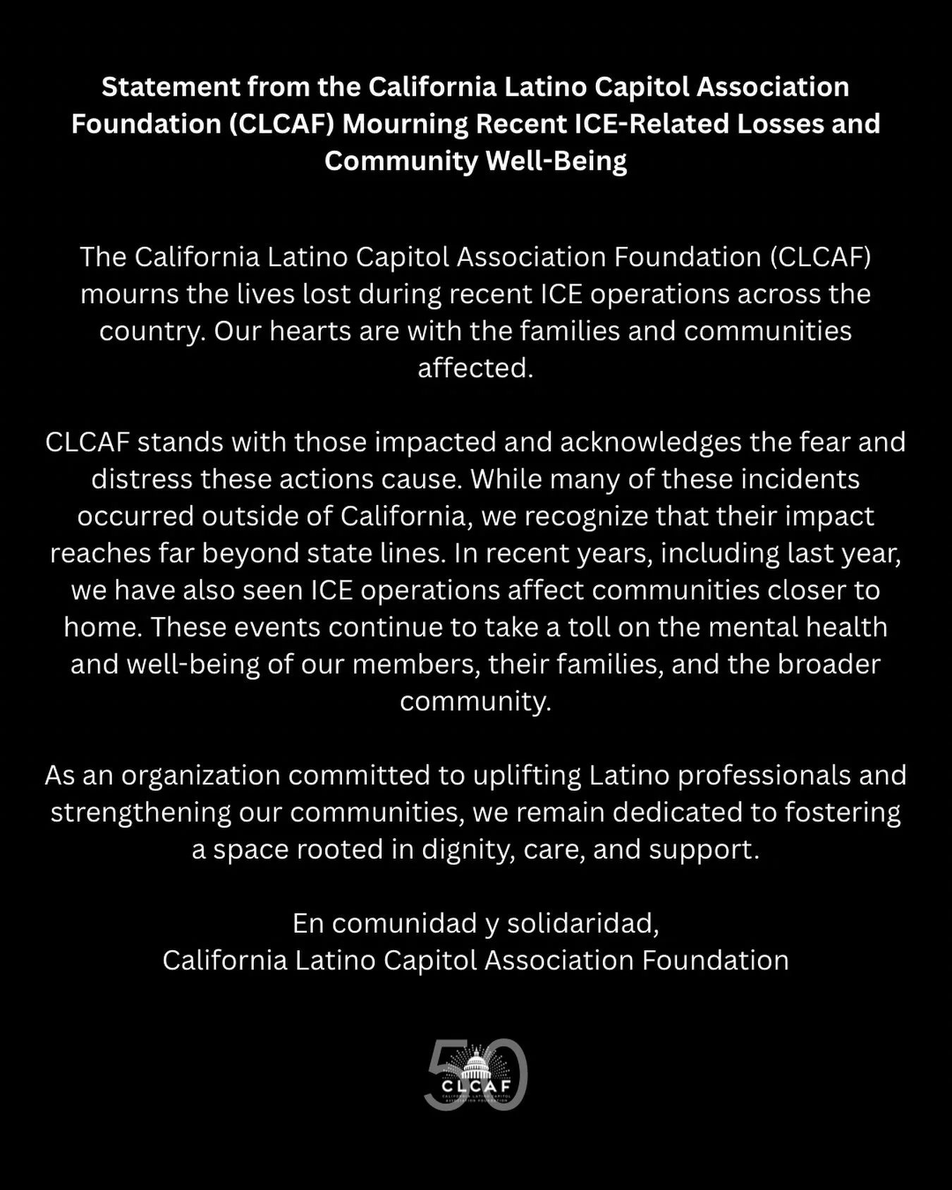 A statement from the CLCAF Board Mourning Recent ICE-Related Losses and Community Well-Being