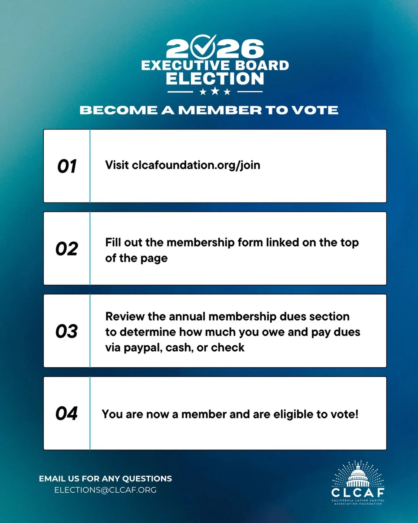 Election day! To participate in this election, please activate your 2026 membership by TODAY at 5:00PM. Members who register or pay their dues after this deadline will not be eligible to vote, and their votes will not count in the 2026 election. For 