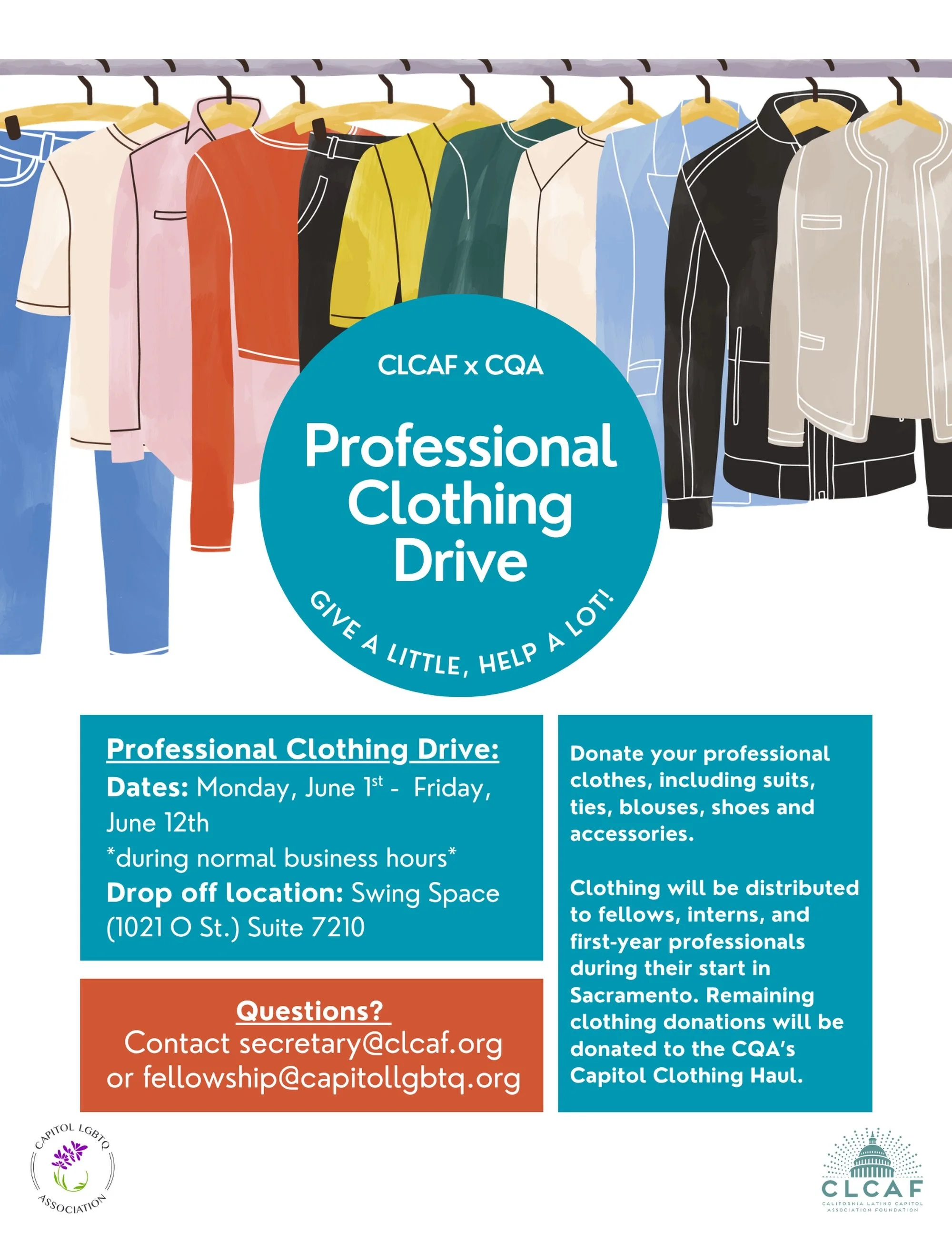 CLCAF invites you to donate your gently used professional items. Whether it&rsquo;s suits, ties, shoes, or accessories - every item you donate provides a new Capitol community member the confidence  join the space in style! 👔

Together, we can make 