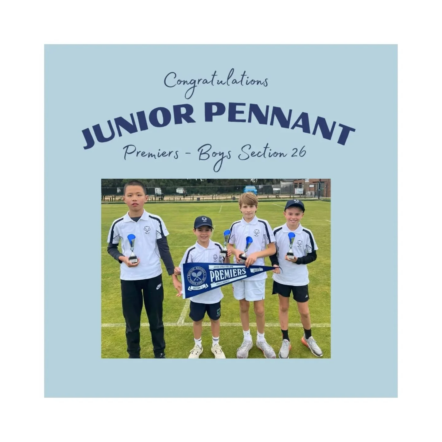 Congratulations to our Junior Pennant Teams on their finals success; the St Joan of Arc Boys Section 9 & 26 teams came away with the Premiers trophies and Section 13 Boys with the Runners-up flag, all fabulous results! More details will follow in