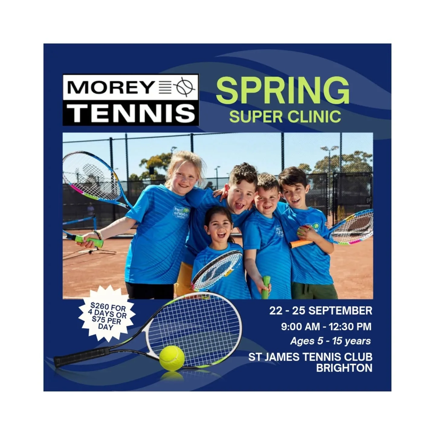 Spring is upon us and so is the @moreytennis Spring Super Clinic! On from 22 September to 25 September this is the perfect opportunity for your child to improve on their skills, enjoy the fresh air and stay active over the school break - book now via