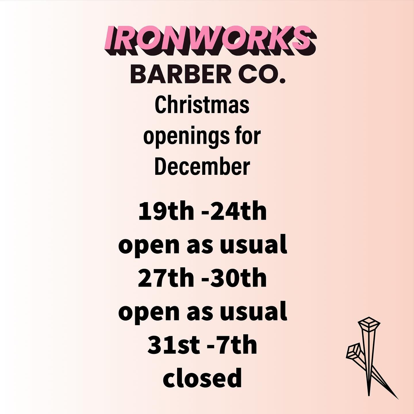 December opening times for the holidays. 

Merry Christmas 💪