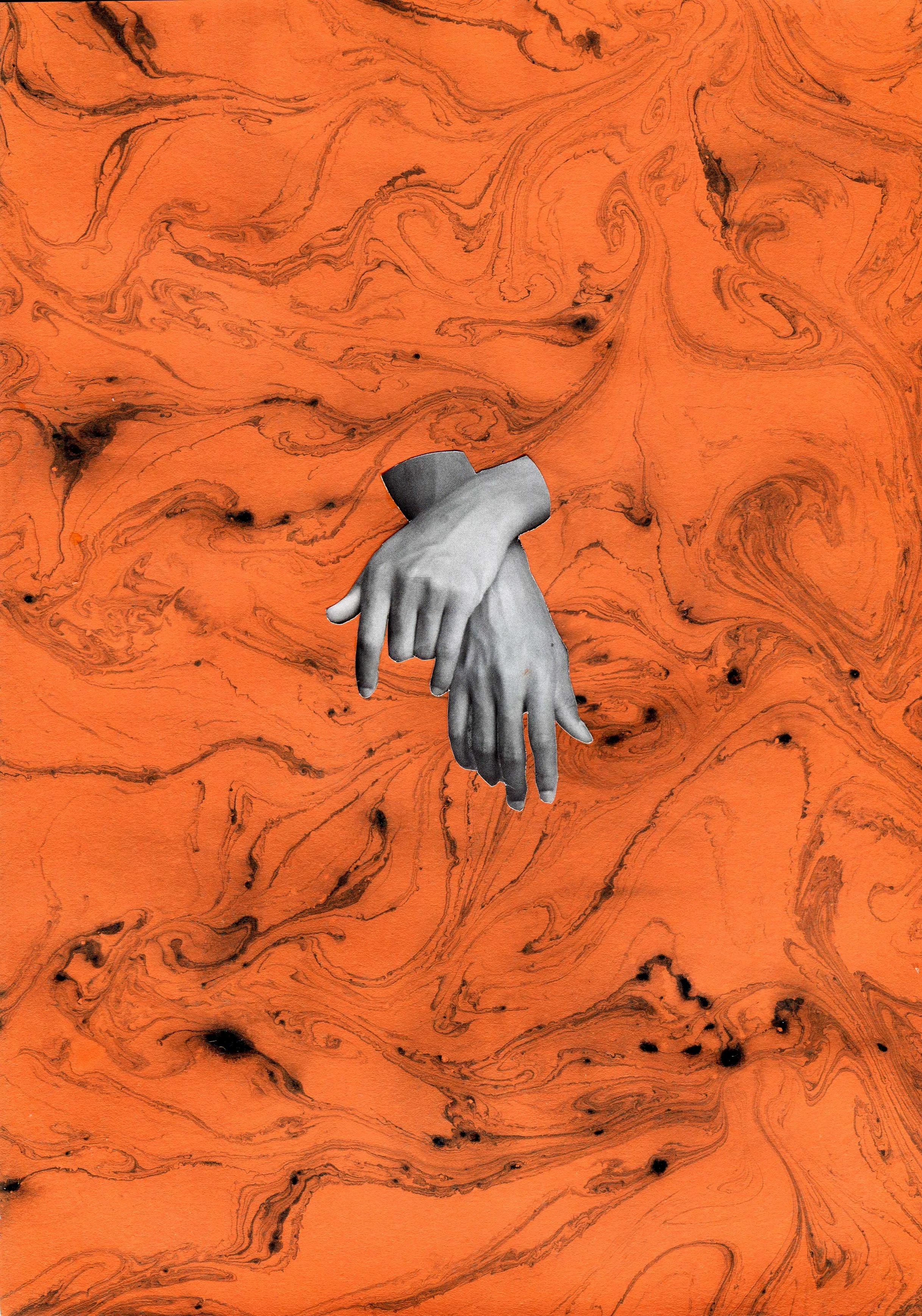 Yet to be titled, 2024, found image on marbled paper, 21 x 29 cm