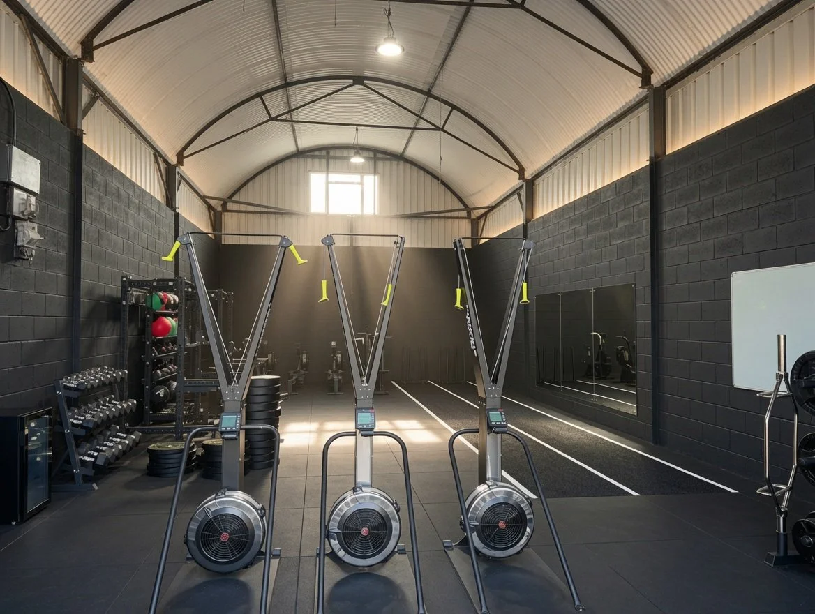 A modern gym with three air bikes, weight rack, kettlebells, medicine balls, and mirrors along the wall.
