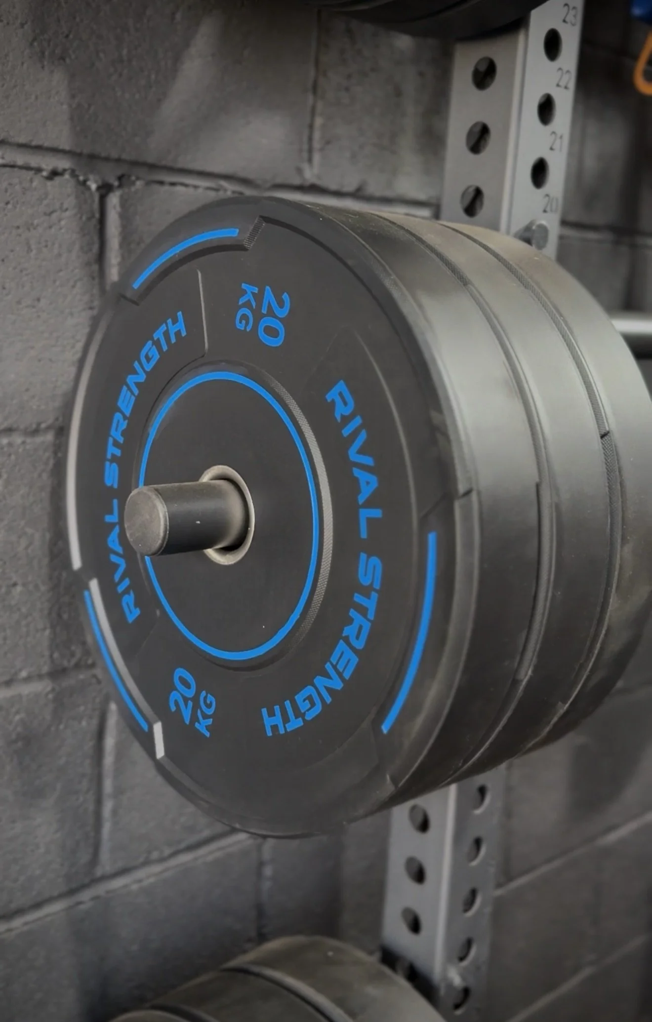 A close-up of a black dial weight plate, labeled with blue text indicating 20 kg, for use in weightlifting, mounted on a wall with metal support bracket.