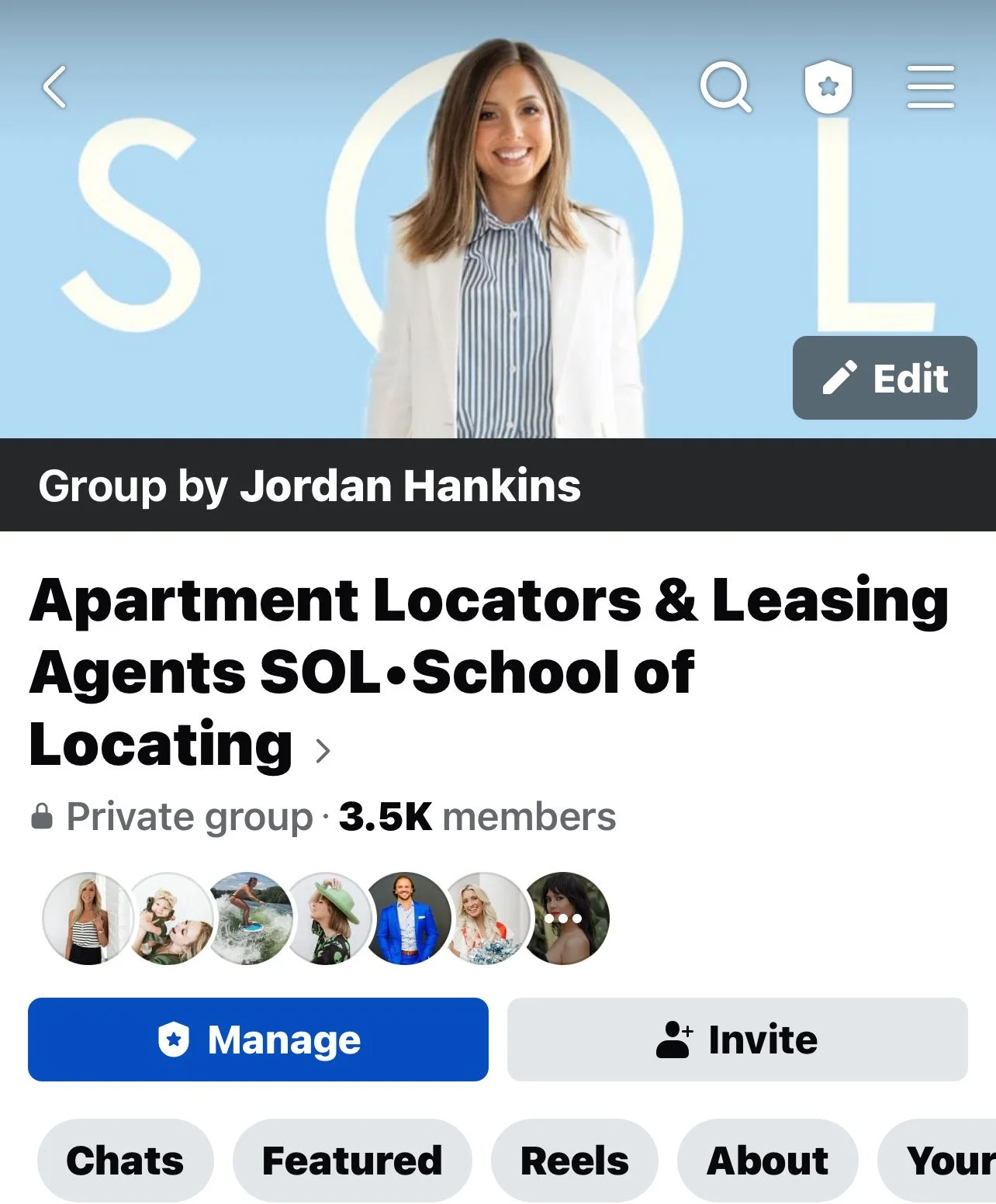 Facebook group page cover photo featuring a smiling woman with shoulder-length hair wearing a blazer and striped shirt, with large white letters and a circle in the background.