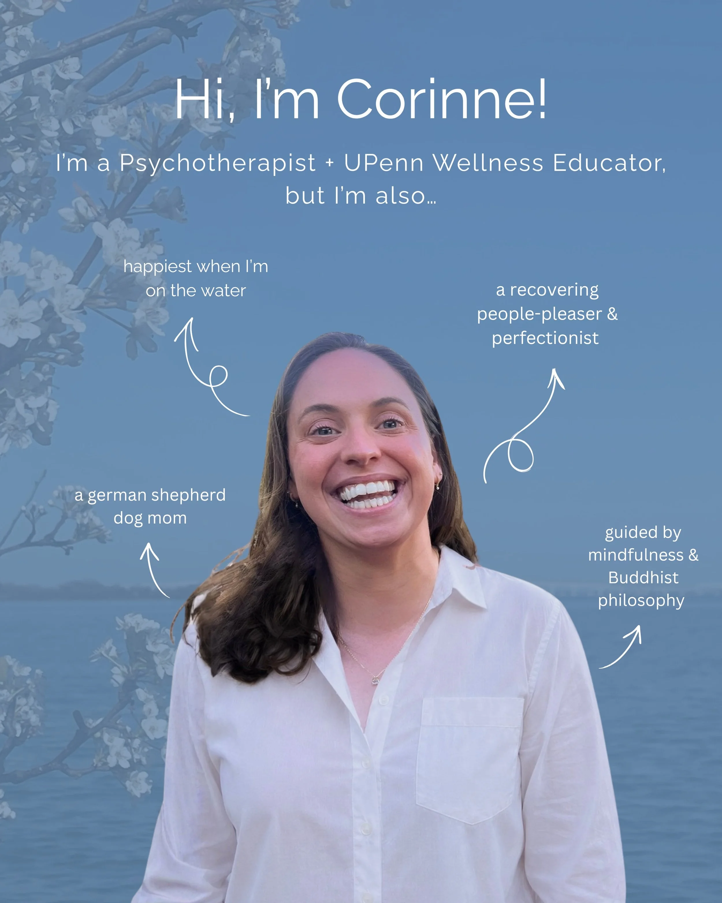 Hi, I&rsquo;m Corinne 🤍

I&rsquo;m a psychotherapist, UPenn wellness educator, and founder of Flourish Psychotherapy located in Annapolis, MD.

I support adults navigating grief, anxiety, trauma, OCD, major life transitions, perfectionism, people-pl