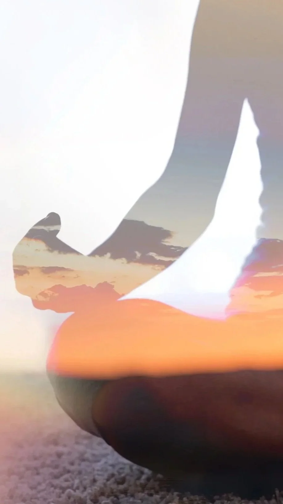 Silhouette of a person sitting in a cross-legged position against a sunset sky, with a double exposure effect showing clouds and a sunset.