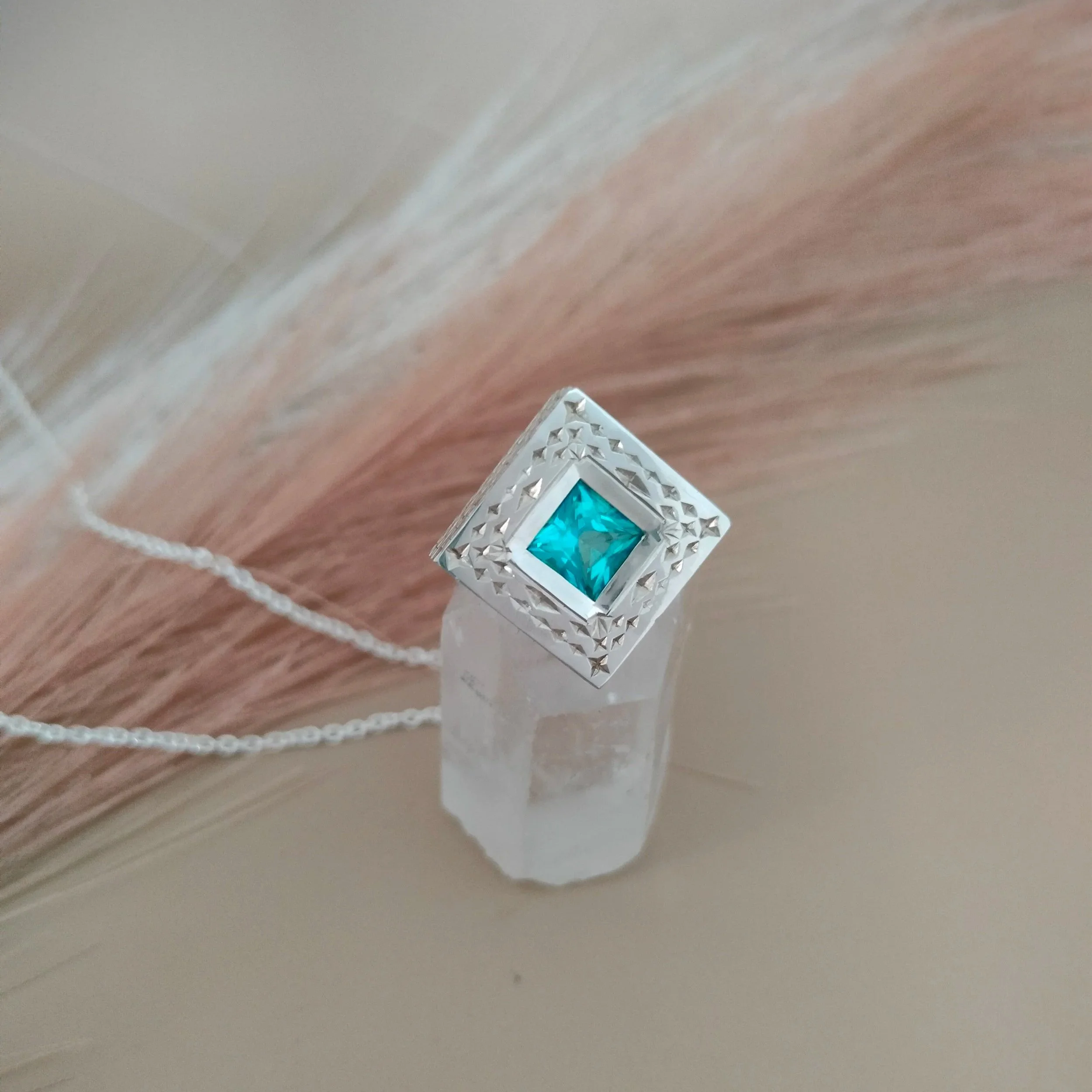 hand engraved+topaz+square+silver+pendant+