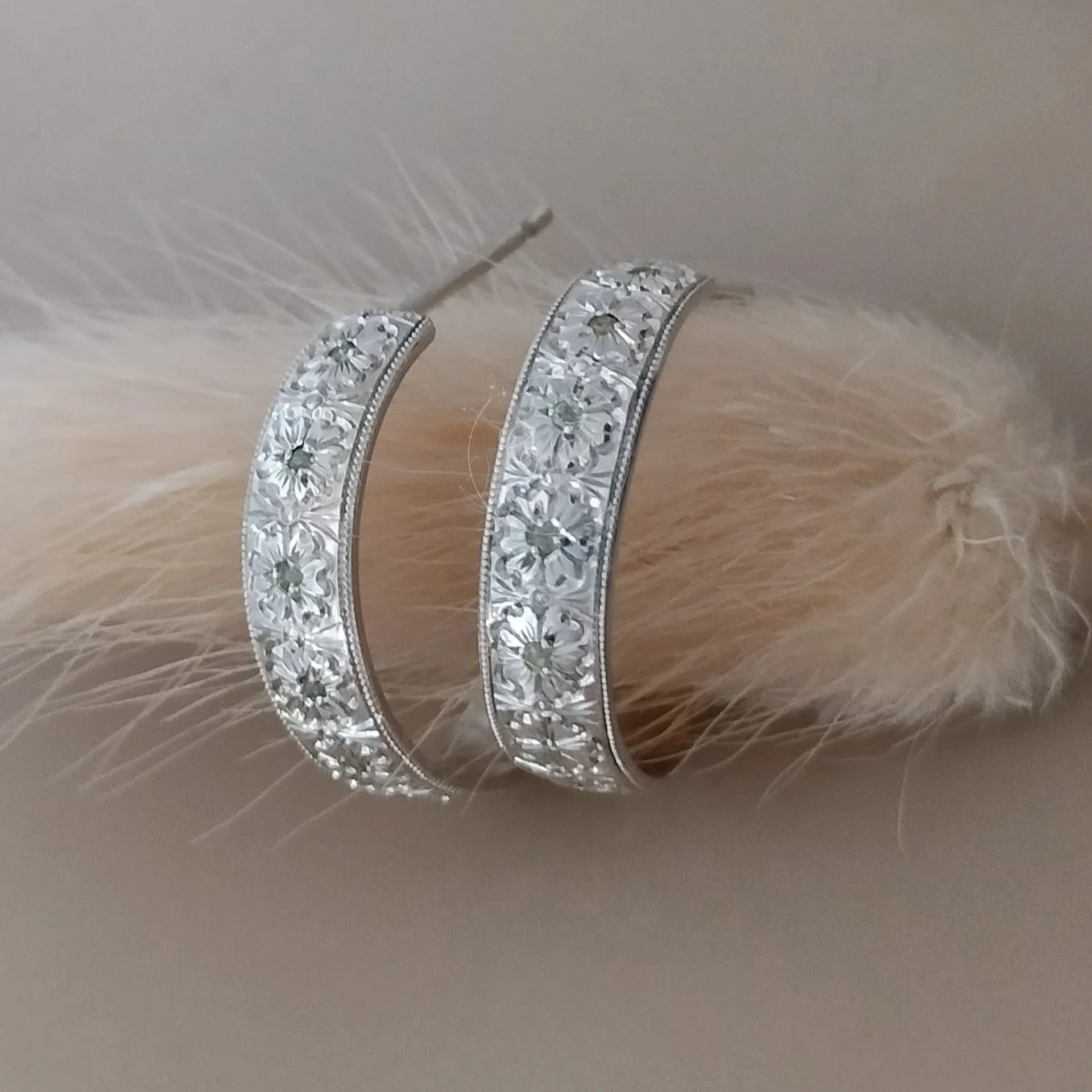 Cosmea flower engraved hoop earrings silver