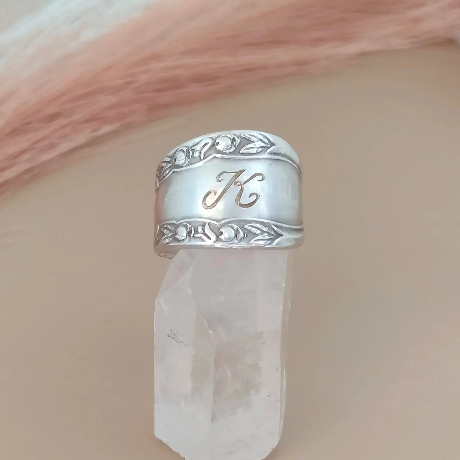 floral spoon ring engraved initial