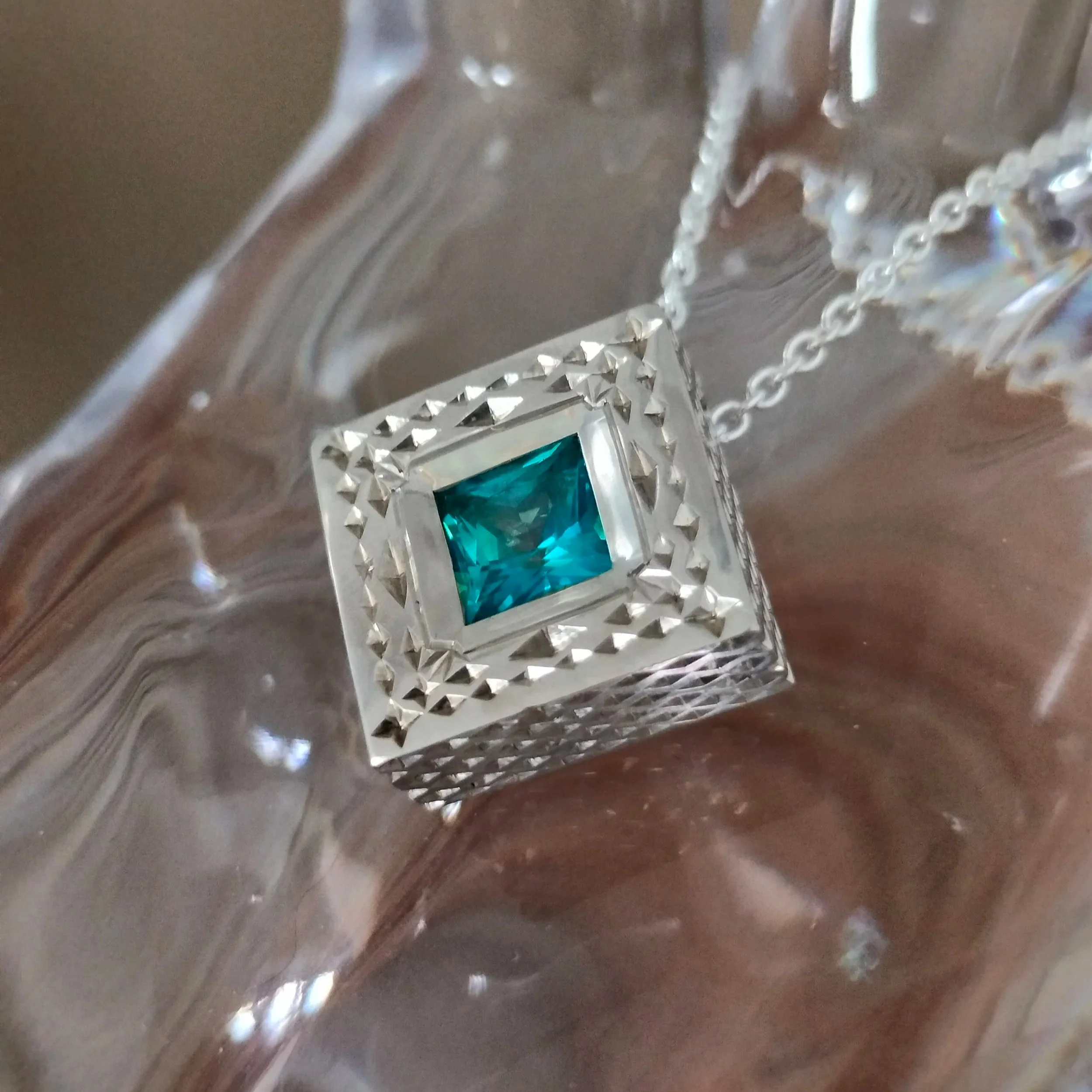 Unique Silver square topaz engraved pendant