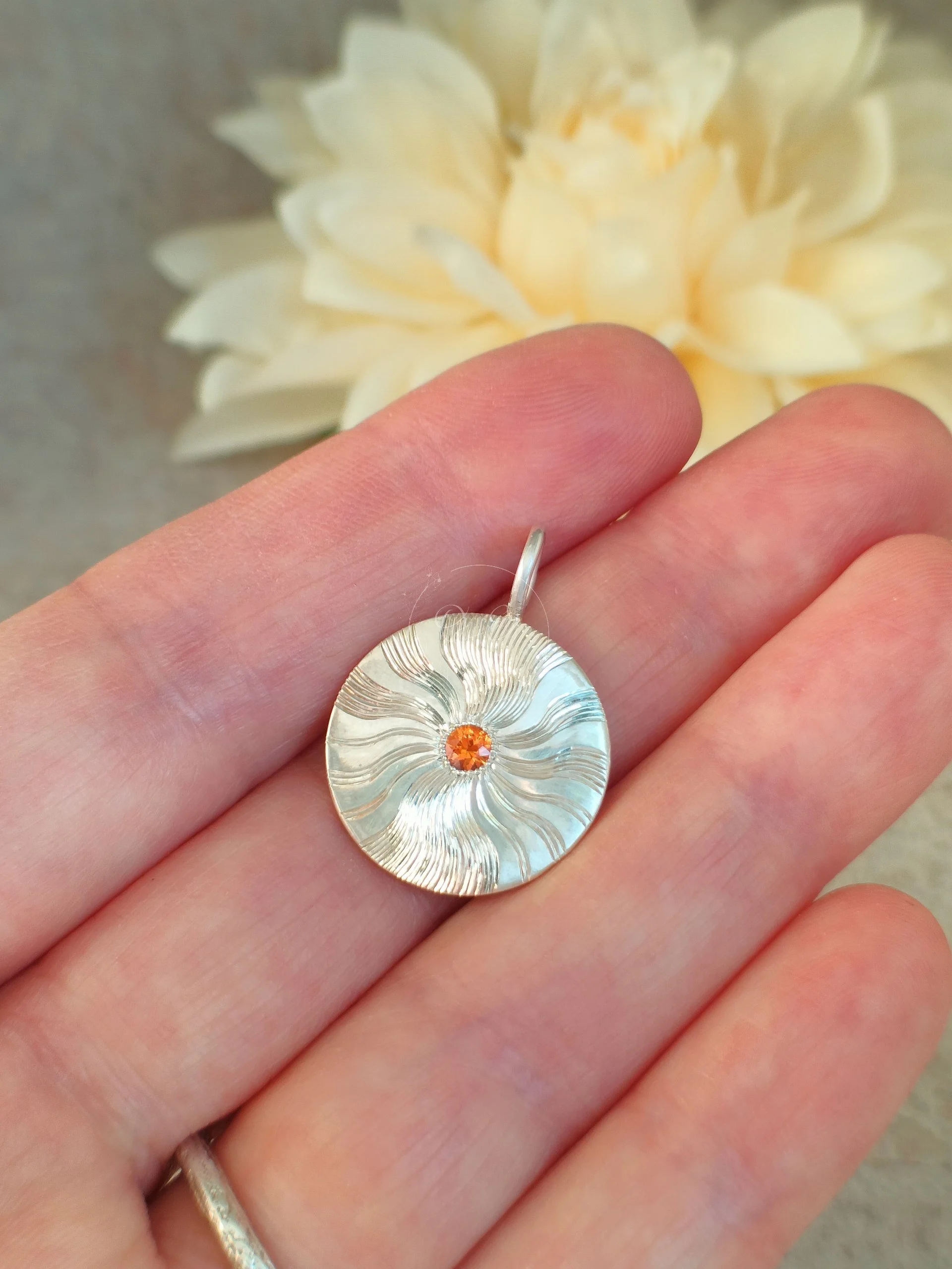 Summer silver pendant with crund gemstome, handmade by OrfaHandEngraving