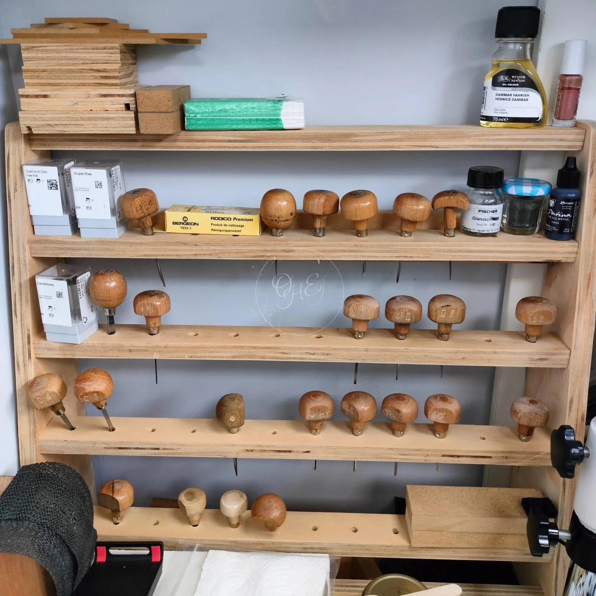 Hand push gravers tools on a rack by Orfa