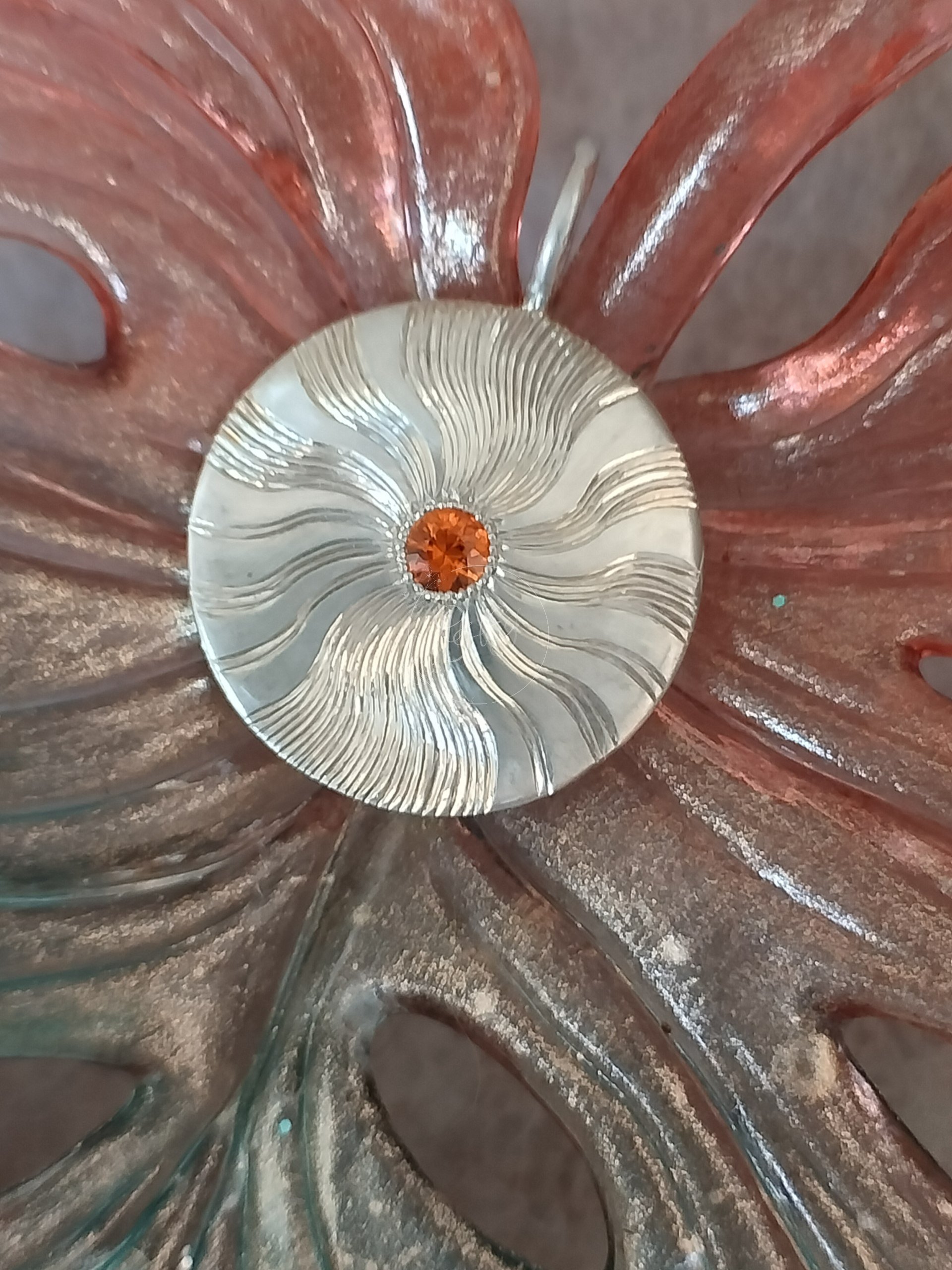 Corund gemstone sun with handengraved sunshine swirls - silver pendant