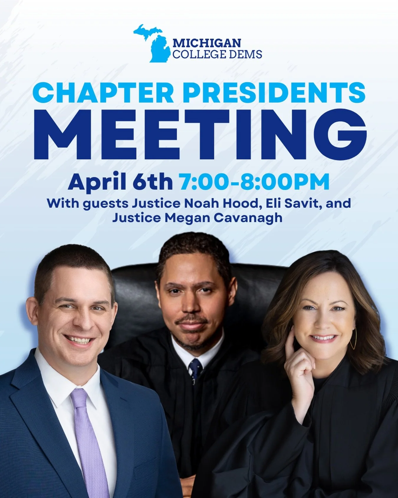 Join us tonight for our bi-weekly Chapter Presidents Meeting with Justice Noah Hood, Justice Megan Cavanagh and Eli Savit!