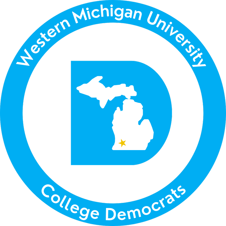 Logo of Western Michigan University College Democrats, featuring a blue circle with the university's name, and the state of Michigan with a star on the southern part.
